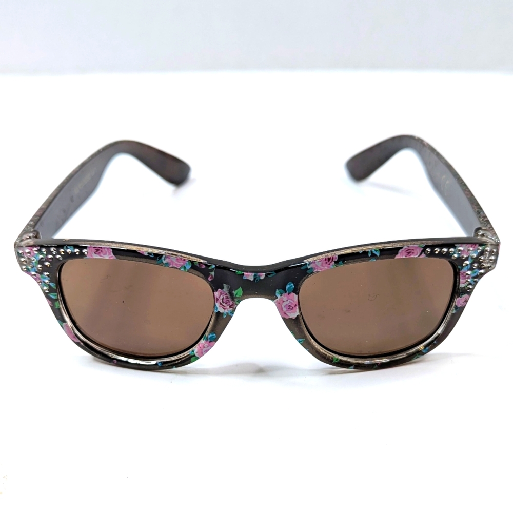 Girls Kid Size Foil Dot Glitzy Flower Print Horn Rim Sunglasses Poolside Fun